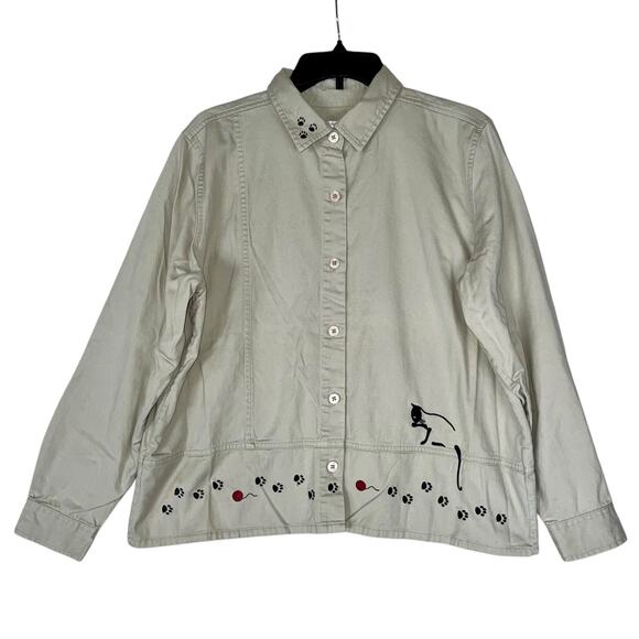 Embroidered Cat Button Up Shirt Shacket Khaki Kitty Top - Picture 2 of 10